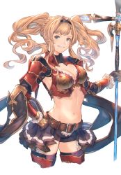 Rule 34 | 1girl, armor, belt, belt buckle, bikini armor, black gloves, black hairband, black shorts, blonde hair, boots, braid, breasts, brown belt, buckle, cleavage, cropped legs, floating hair, gloves, granblue fantasy, grin, groin, hair intakes, hairband, hand on own hip, highres, holding, holding weapon, long hair, medium breasts, navel, overskirt, polearm, shimatani azu, short shorts, shorts, simple background, sketch, smile, solo, standing, thigh boots, thighhighs, twintails, very long hair, weapon, white background, zeta (granblue fantasy)