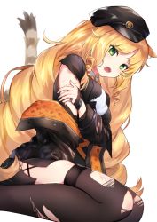 Rule 34 | 1girl, :o, animal ears, arknights, beret, black hat, black jacket, black shirt, black skirt, blonde hair, brown thighhighs, commentary request, drill hair, green eyes, hat, highres, jacket, jewelry, long hair, long sleeves, looking at viewer, miniskirt, off shoulder, omelet tomato, open mouth, ring, shirt, side slit, simple background, sitting, skirt, solo, swire (arknights), tail, thighhighs, tiger ears, tiger tail, torn clothes, torn shirt, torn thighhighs, very long hair, white background