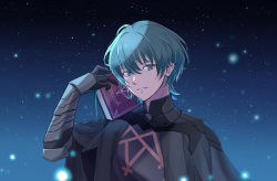Rule 34 | 1boy, 23@5, armor, black gloves, blue eyes, blue hair, book, byleth (fire emblem), byleth (male) (fire emblem), fire emblem, fire emblem: three houses, gloves, holding, holding book, male focus, nintendo, parted lips, short hair, solo, upper body