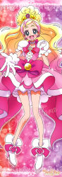 Rule 34 | 1girl, absurdres, blonde hair, boots, bow, character name, cure flora, earrings, full body, gloves, go! princess precure, happy, haruno haruka, highres, jewelry, long hair, official art, pink bow, precure, smile, solo, waist bow