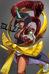 Rule 34 | 02 (pixiv891878), 1girl, 2015, absurdres, ankh, black hair, blood, blue eyes, character name, cowboy shot, dark-skinned female, dark skin, eliza (skullgirls), female focus, gesture, grey background, headwear request, highres, lipstick, looking at viewer, makeup, outstretched arm, outstretched hand, red lips, short hair, skullgirls, snake, solo, tiara