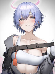 Rule 34 | 1girl, absurdres, arknights, blue hair, breasts, cleavage, collarbone, commentary request, crop top, gradient background, grey background, grey eyes, grin, halo, hand up, highres, looking at viewer, midriff, parted lips, partial commentary, short hair, smile, solo, sports bra, spuria (arknights), strap slip, tab head