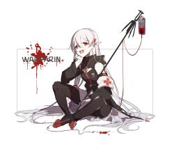 Rule 34 | 1girl, arknights, blood, blood on face, blood splatter, breasts, hand on own face, highres, long hair, open mouth, pantyhose, pointy ears, red eyes, sharp teeth, shi-chen, simple background, sitting, skirt, small breasts, teeth, warfarin (arknights), white hair