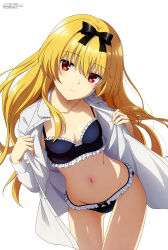 1girl absurdres arifureta_shokugyou_de_sekai_saikyou black_ribbon blonde_hair bra breasts cleavage closed_mouth clothes_pull collarbone collared_shirt dress_shirt frilled_bra frilled_panties frills hair_ribbon highres legs long_hair long_sleeves looking_at_viewer magazine_scan megami_magazine midriff navel official_art open_clothes open_shirt opened_by_self panties pulling_own_clothes red_eyes ribbon scan seductive_gaze seductive_smile shirt simple_background small_breasts smile solo thighs underwear undressing white_background white_shirt yue_(arifureta)