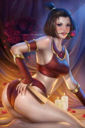 Rule 34 | 1girl, armband, ass, avatar: the last airbender, avatar legends, ayya sap, bare shoulders, blue eyes, breasts, brown hair, candle, flower, folded fan, folding fan, hair bun, hand fan, looking at viewer, medium breasts, midriff, panties, pinup (style), red armband, red panties, rose, sideboob, solo, suki (avatar), underwear