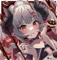 Rule 34 | 1girl, absurdres, arms up, blurry, blurry background, blush, border, cake, chocolate syrup, collar, dodota, food, food on body, food on face, food on hair, fork, fruit, hair intakes, hair ornament, highres, holding, horns, jewelry, long hair, macaron, maid headdress, o-ring, original, red eyes, ring, sailor collar, silver hair, sleeveless, solo, strawberry, symbol-only commentary, tongue, tongue out, truffle, twintails, upper body, x hair ornament