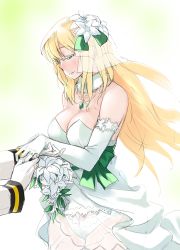 Rule 34 | 10s, 1boy, 1girl, atago (kancolle), blonde hair, bouquet, breasts, crotch seam, dress, elbow gloves, flower, gloves, gradient background, hand grab, jewelry, kantai collection, large breasts, long hair, necklace, ornate ring, panties, panties under pantyhose, pantyhose, pendant, ring, solo focus, tachibana roku, underwear, wedding, wedding dress, wedding ring, white dress, white gloves, white pantyhose