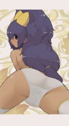 Rule 34 | 1girl, aged up, big hair, brown eyes, cameltoe, commentary request, creatures (company), dark-skinned female, dark skin, game freak, hair tie, highres, iris (pokemon), letterboxed, long hair, looking back, makoto daikichi, nintendo, open mouth, panties, pokemon, pokemon (anime), pokemon bw (anime), purple hair, solo, spread legs, sweatdrop, thighhighs, topless, two side up, underwear, white panties, white thighhighs