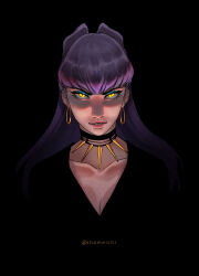 Rule 34 | 1girl, asymmetrical bangs, black background, black choker, black suit, blue eyeshadow, breasts, center opening, choker, cleavage, cone hair bun, demon, demon girl, earrings, evelynn (league of legends), eyeshadow, formal, gold earrings, hair bun, highres, hoop earrings, jewelry, k/da (league of legends), league of legends, long hair, looking at viewer, makeup, medium breasts, necklace, parted lips, pink lips, purple hair, shameichi, slit pupils, solo, suit, the baddest evelynn, tooth necklace, twitter username, yellow eyes
