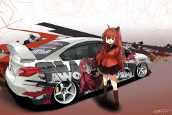Rule 34 | 1girl, black necktie, black ribbon, blush, car, character request, collared shirt, copyright request, hair ribbon, highres, hikageno, itasha, motor vehicle, necktie, open mouth, red eyes, red footwear, red hair, red shirt, red skirt, red socks, ribbon, shirt, skirt, smile, socks, spoiler (automobile), stance (vehicle), subaru (brand), subaru impreza, vehicle focus, white shirt