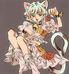 Rule 34 | animal ears, bell, bracelet, cat ears, cat girl, cat tail, collar, crop top, fang, goutokuji mike, grey background, highres, jewelry, kirame kirai, midriff, multicolored clothes, multicolored hair, neck bell, paw pose, puffy short sleeves, puffy sleeves, red eyes, short hair, short sleeves, socks, streaked hair, tail, touhou, white socks
