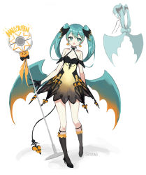 Rule 34 | aqua eyes, aqua hair, artist name, bat wings, bow-shaped hair, detached sleeves, dress, gloves, half gloves, halloween, halloween costume, hatsune miku, head wings, high heels, highres, open mouth, pumpkin, signature, solo, soyoong jun, tail, twintails, vocaloid, white background, wings