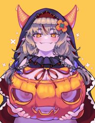 Rule 34 | 1girl, absurdres, bare shoulders, braid, breasts, brown hair, cape, covering privates, fangs, hair between eyes, halloween, halloween costume, highres, holding, hood, hood up, horns, jack-o&#039;-lantern, large areolae, large breasts, looking at viewer, low twin braids, medium hair, navel, nipples, nude cover, orange eyes, original, pointy ears, pumpkin, simple background, solo, thick eyebrows, twin braids, yellow background, zao (pixiv 15847342)