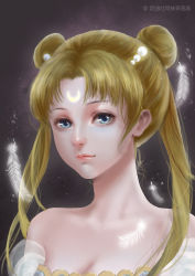Rule 34 | 1girl, bad id, bad pixiv id, bare shoulders, bishoujo senshi sailor moon, blonde hair, blue eyes, crescent, crescent facial mark, double bun, eyelashes, facial mark, feathers, forehead mark, hair bun, hair ornament, hairclip, highres, light smile, lips, looking at viewer, parted bangs, portrait, princess serenity, realistic, solo, toast (artist), tsukino usagi, twintails, white feathers