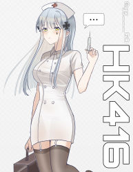 Rule 34 | 1girl, absurdres, artist name, black thighhighs, blue hair, breasts, character name, closed mouth, girls&#039; frontline, green eyes, hat, highres, hk416 (girls&#039; frontline), holding, holding case, holding syringe, long hair, looking at viewer, medium breasts, nurse, nurse cap, phago, simple background, solo, standing, syringe, thighhighs