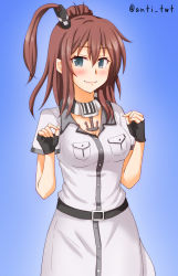 Rule 34 | 1girl, anchor, anti (untea9), black gloves, blue background, blue eyes, breast pocket, breasts, brown hair, commentary request, cowboy shot, dress, fingerless gloves, gloves, gradient background, hair between eyes, highres, kantai collection, large breasts, looking at viewer, neckerchief, pocket, ponytail, saratoga (kancolle), saratoga mk ii (kancolle), side ponytail, sidelocks, smokestack, smokestack hair ornament, solo, twitter username, white dress