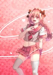 Rule 34 | 1boy, :d, arm behind back, astolfo (fate), astolfo (sailor paladin) (fate), black bow, blush, bow, braid, bulge, changecolor, collarbone, commentary, contrapposto, crop top, fang, fate/apocrypha, fate/grand order, fate (series), hair between eyes, hair bow, hair intakes, hand on own chest, hand up, heart, highres, knee up, lips, long hair, looking at viewer, male focus, miniskirt, multicolored hair, navel, neckerchief, official alternate costume, open mouth, panties, pantyshot, pink background, pink hair, pink neckerchief, pink sailor collar, pink skirt, pleated skirt, purple eyes, sailor collar, school uniform, serafuku, shirt, short sleeves, simple background, single braid, skindentation, skirt, sleeve cuffs, smile, solo, standing, stomach, streaked hair, thighhighs, trap, two-tone hair, underwear, upskirt, white hair, white panties, white shirt, white thighhighs