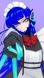 Rule 34 | 0 0c0ff, 1boy, alternate costume, apron, asymmetrical bangs, black dress, black gloves, blue bodysuit, blue hair, blush, bodysuit, bodysuit under clothes, bow, bowtie, collared dress, commentary request, cowboy shot, crossdressing, dress, enmaided, eyelashes, flat chest, foreshortening, frilled sleeves, frills, gloves, head tilt, highres, korean commentary, long hair, looking at viewer, maid, maid apron, maid headdress, male focus, partially fingerless gloves, protagonist (smtv), purple background, red bow, red bowtie, shin megami tensei, shin megami tensei v, single sidelock, smile, solo, standing, v, wide sleeves, yellow eyes