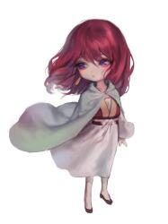 Rule 34 | 1girl, akatsuki no yona, bad id, bad twitter id, belt, cape, chibi, commentary request, dress, earrings, hood, hooded cape, jewelry, korean commentary, looking to the side, medium hair, pink dress, purple eyes, red hair, red vest, simple background, solo, vest, white background, white cape, yona (akatsuki no yona), yona hyeon