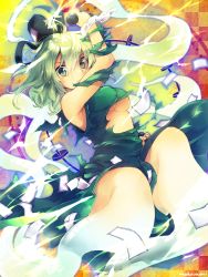 Rule 34 | 1girl, arm up, artist name, bare shoulders, breasts, checkered background, closed mouth, dress, dual wielding, dumbbell, electricity, frown, ghost tail, glowing, green dress, green eyes, green hair, hair between eyes, hair ornament, hair stick, hat, highres, holding, looking at viewer, makuwauri, matching hair/eyes, ofuda, raijin (mythology), short hair, soga no tojiko, solo, tate eboshi, torn clothes, torn sleeves, touhou, underboob, wrist cuffs