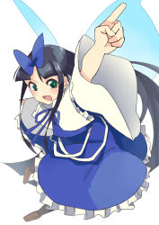 Rule 34 | 1girl, black hair, blush, bow, dress, green eyes, hair bow, hayaneko (ceceragi), highres, long hair, long sleeves, open mouth, pointing, pointing up, simple background, smile, solo, star-shaped pupils, star (symbol), star sapphire, symbol-shaped pupils, touhou, white background, wide sleeves, wings