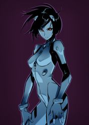 Rule 34 | 1girl, bad id, bad tumblr id, black hair, bodysuit, breasts, commentary, hairpods, highres, interface headset, neon genesis evangelion, optionaltypo, original, plugsuit, red eyes, short hair, skin tight, small breasts, solo