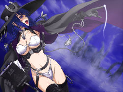 Rule 34 | 1girl, bikini, blue hair, book, braid, breasts, cape, chain, cleavage, cthulhu, cthulhu mythos, dagger, dutch angle, gloves, hat, horseshoe, iga tomoteru, knife, large breasts, long hair, magic, necronomicon, open mouth, outdoors, purple eyes, skull, solo, swimsuit, sword, tentacles, thighhighs, twin braids, underboob, water, weapon, white bikini, witch