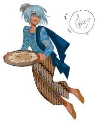 Rule 34 | 1girl, absurdres, batik, bird, blue scarf, blue shirt, collarbone, commentary, dark-skinned female, dark skin, english commentary, floral print, full body, hatsune miku, highres, holding, indonesian clothes, littlemikyan, long sleeves, print sarong, print shirt, sarong, scarf, shirt, shoes, simple background, solo, spoken animal, vocaloid, white background, worldwide miku, yellow footwear