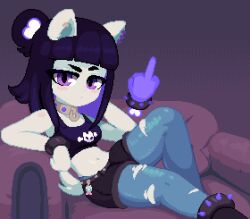 Rule 34 | 1girl, animal ears, belt, black hair, black shirt, blush, boots, bracelet, breasts, cat ears, collar, couch, disembodied limb, dithered background, dithering, ear piercing, furry, furry female, hair bun, jewelry, medium breasts, middle finger, minimilieu, navel, on couch, original, piercing, pixel art, purple eyes, shirt, shorts, sitting, solo, spiked bracelet, spikes, stomach, tail, tank top, torn clothes, white fur