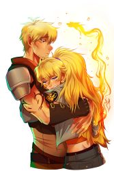 Rule 34 | 1boy, 1girl, absurdres, agentwhitehawk, arm tattoo, blonde hair, blue eyes, closed eyes, comforting, crying, father and daughter, fire, from side, gloves, hetero, highres, hug, jacket, long hair, magic, ponytail, rwby, sad, short hair, simple background, taiyang xiao long, tattoo, very long hair, white background, yang xiao long