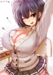 Rule 34 | 1girl, bad id, bad twitter id, breasts, brown eyes, brown hair, bursting breasts, cleavage, huge breasts, large breasts, looking at viewer, one eye closed, open mouth, popped button, school uniform, short hair, sitting, skirt, smile, solo, souryu, unbuttoned, uniform