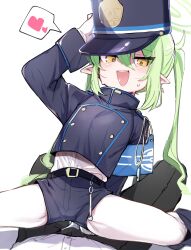 Rule 34 | 1boy, 1girl, :d, absurdres, armband, belt, black shorts, blue archive, blue armband, blush, buttons, commentary request, double-breasted, fang, girl on top, green hair, hat, heart, hetero, highres, long hair, long sleeves, looking at viewer, nozomi (blue archive), open mouth, pantyhose, pointy ears, pov, pov crotch, shako cap, shirt tucked in, short shorts, shorts, simple background, smile, solo focus, spoken heart, spread legs, straddling, sweatdrop, twintails, utsusumi kio, white background, white pantyhose, yellow eyes