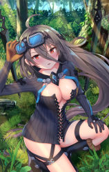 Rule 34 | 1girl, ahoge, black dress, blush, boots, breasts, center opening, commentary, day, dress, eyes visible through hair, forest, gloves, goggles, goggles on head, grass, grey hair, hair between eyes, laevateinn (phantom of the kill), light rays, long hair, looking at viewer, medium breasts, nature, on one knee, outdoors, parted lips, phantom of the kill, plant, planted, red eyes, roke (taikodon), solo, sword, thigh strap, very long hair, weapon