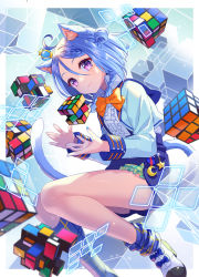 Rule 34 | 1girl, ahoge, animal ear fluff, animal ears, aqua bloomers, bloomers, blue bow, blue hair, blue jacket, blue nails, blue shorts, blue socks, bob cut, border, bow, bowtie, braid, buttons, cat ears, cat girl, cat tail, center frills, charm (object), closed mouth, crescent, cropped jacket, crown, floating, floating object, foot out of frame, footwear bow, french braid, frilled shirt, frills, green bloomers, hair between eyes, high heels, hisana, hood, hood down, hooded jacket, jacket, kneehighs, long sleeves, looking at viewer, loose kneehigh, mini crown, nail polish, open clothes, open jacket, orange bow, orange bowtie, original, outside border, plaid socks, purple eyes, rubik&#039;s cube, shirt, shoes, short hair, short shorts, shorts, smile, socks, solo, star (symbol), tail, twin braids, underwear, white border, white footwear, white shirt