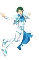 Rule 34 | 1boy, blue eyes, boots, full body, green hair, highres, ice skates, idol clothes, jacket, king of prism, king of prism: shiny seven stars, knee boots, looking at viewer, male focus, official art, open mouth, outstretched arms, pants, pretty rhythm, pretty series, second-party source, short hair, simple background, skates, smile, solo, spread arms, standing, tachi-e, takahashi minato, transparent background, white footwear, white jacket, white pants