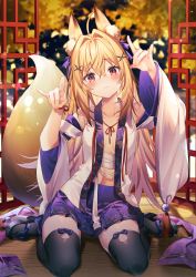 Rule 34 | 1girl, animal ears, black thighhighs, blonde hair, blush, breasts, character request, closed mouth, copyright request, fox ears, fox shadow puppet, fox tail, full body, long hair, long sleeves, looking at viewer, navel, purple skirt, red eyes, riichu, seiza, sitting, skirt, small breasts, solo, tail, thighhighs, wide sleeves