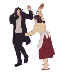 Rule 34 | 1boy, 1girl, anger vein, apron, black coat, black pants, brown hair, carla yeager, coat, commentary request, eren yeager, flip-flops, hanpetos, holding, holding clothes, holding footwear, la chancla, long skirt, meme, mother and son, open mouth, pants, ponytail, red skirt, sandals, shingeki no kyojin, skirt, spanish commentary, squiggle, time paradox, white apron