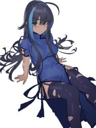 Rule 34 | 1girl, ahoge, black hair, black thighhighs, blue eyes, blue hair, breasts, china dress, chinese clothes, dress, garter straps, hair between eyes, highres, long hair, looking at viewer, medium breasts, multicolored hair, original, pelvic curtain, short sleeves, simple background, sitting, solo, thighhighs, torn clothes, torn thighhighs, very long hair, white background, xkirara39x