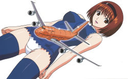 Rule 34 | 1girl, absurdres, aircraft, airplane, black hairband, blue dress, blue thighhighs, brown eyes, brown hair, copyright request, covered erect nipples, dress, hairband, highres, looking at viewer, open mouth, panties, shirt dress, short hair, simple background, sleeveless, sleeveless dress, smile, solo, thighhighs, turtleneck, turtleneck dress, underwear, white background, white panties, yamauchi noriyasu