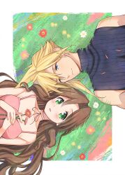 Rule 34 | 1boy, 1girl, absurdres, aerith gainsborough, bare shoulders, blonde hair, blue eyes, blue shirt, blush, border, breasts, brown hair, choker, closed mouth, cloud strife, collarbone, couple, dress, earrings, final fantasy, final fantasy vii, flower, green eyes, hair between eyes, hands on own chest, hetero, highres, holding, holding flower, jewelry, krudears, long hair, looking at another, looking at viewer, lying, medium breasts, on back, own hands together, parted bangs, parted lips, pink dress, ribbon choker, shirt, short hair, sidelocks, single earring, sleeveless, sleeveless dress, sleeveless turtleneck, smile, spaghetti strap, spiked hair, turtleneck, upper body, wavy hair, white border
