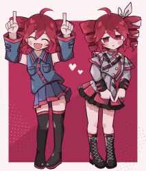 Rule 34 | 1girl, ahoge, boots, buttons, cross-laced footwear, drill hair, dual persona, highres, internet yamero, kasane teto, lace-up boots, pointing, pointing down, pointing up, red eyes, red hair, shirt, sleeveless, sleeveless shirt, tagme, twin drills, vocaloid