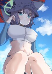 1girl absurdres black_hair black_hat blue_archive blue_sky breasts bucket_hat closed_mouth cloud day green_eyes green_halo halo hand_up hat highres large_breasts long_sleeves looking_at_viewer navel oinari_(koheihei1109) parasol rash_guard saki_(blue_archive) saki_(swimsuit)_(blue_archive) short_hair sky solo sweat umbrella