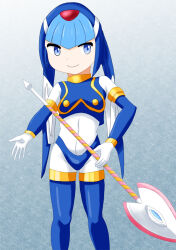 Rule 34 | 1girl, android, blue background, blue eyes, breasts, gloves, gradient background, helmet, highres, holding, holding polearm, holding weapon, fairy leviathan (mega man), looking at viewer, mega man (series), mega man x (series), mega man x dive, mega man zero (series), polearm, robot, robot girl, shimaken148725, small breasts, smile, solo, spear, thighhighs, weapon, white gloves