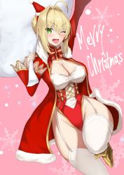 Rule 34 | 1girl, ;d, ahoge, akatsuki ikki, antlers, arm up, armored boots, blonde hair, blush, boots, bow, braid, braided bun, breasts, christmas, cleavage, cloak, corset, crown braid, fate/grand order, fate (series), french braid, garter straps, green eyes, hair bun, hair intakes, highleg, highleg leotard, highres, hip focus, horns, juliet sleeves, large breasts, leotard, long sleeves, merry christmas, nero claudius (fate), nero claudius (fate) (all), nero claudius (fate/extra), one eye closed, open cloak, open clothes, open mouth, pink background, puffy sleeves, red bow, red cloak, sack, smile, snowflakes, standing, standing on one leg, thighhighs, tongue, white thighhighs, wide hips, wide sleeves, yellow footwear