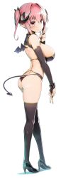 Rule 34 | 1girl, ass, back, bare back, bare shoulders, bikini, black bikini, black footwear, black thighhighs, black wings, breasts, bridal gauntlets, commentary request, copyright request, demon girl, demon horns, demon tail, demon wings, from behind, full body, greatmosu, grin, high heels, highres, horns, large breasts, looking at viewer, looking back, parted lips, pink eyes, pink hair, pointy ears, shiny skin, short hair, short twintails, sideboob, sidelocks, simple background, smile, solo, standing, swimsuit, tail, thighhighs, thong, twintails, white background, wings