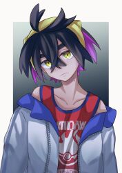 Rule 34 | 1boy, aritsune01, black hair, closed mouth, collarbone, colored inner hair, commentary request, creatures (company), crossed bangs, frown, game freak, hair between eyes, hairband, head tilt, highres, jacket, kieran (pokemon), looking at viewer, male focus, mole, mole on neck, multicolored hair, nintendo, off shoulder, open clothes, open jacket, poke ball print, pokemon, pokemon sv, red shirt, shirt, short hair, sleeveless, sleeveless shirt, solo, tank top, upper body, yellow eyes, yellow hairband, zipper