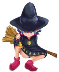 Rule 34 | 1girl, bell, blue eyes, blue hair, cloak, earrings, hat, irene (zelda), jewelry, looking at viewer, making-of available, mato spectoru, nintendo, no panties, pointy ears, pointy footwear, shoes, sitting, the legend of zelda, the legend of zelda: a link between worlds, witch hat