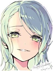 Rule 34 | 1girl, absurdres, aqua hair, bang dream!, character name, close-up, dated, green eyes, happy birthday, highres, hikawa sayo, long hair, looking at viewer, nobusawa osamu, open mouth, simple background, upper body, white background