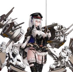 Rule 34 | 1girl, absurdres, aiguillette, artillery, azur lane, black corset, black footwear, black garter straps, black gloves, black hat, black skirt, boots, character name, chinese commentary, corset, cowboy shot, epaulettes, frilled shirt, frills, garter straps, german commentary, gloves, hat, highres, holding, holding sword, holding weapon, latex, layered skirt, leather, long hair, long sleeves, looking at viewer, microskirt, mixed-language commentary, multiple views, original, panties, pantyshot, peaked cap, personification, pleated skirt, red eyes, rigging, shirt, simple background, skirt, sms derfflinger, solo, standing, sunny chou, sword, thigh boots, thighhighs, thighhighs under boots, turret, underwear, weapon, white background, white hair, white panties, white shirt, white skirt, white thighhighs