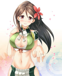 Rule 34 | 10s, 1girl, amagi (kancolle), black hair, blush, breasts, brown eyes, brown hair, cleavage, crop top, flower, gradient hair, hair flower, hair ornament, heart, highres, jewelry, kantai collection, kyamu (qqea92z9n), large breasts, long hair, looking at viewer, midriff, mole, mole under eye, multicolored hair, navel, petals, ring, skirt, smile, solo, stomach, wedding band
